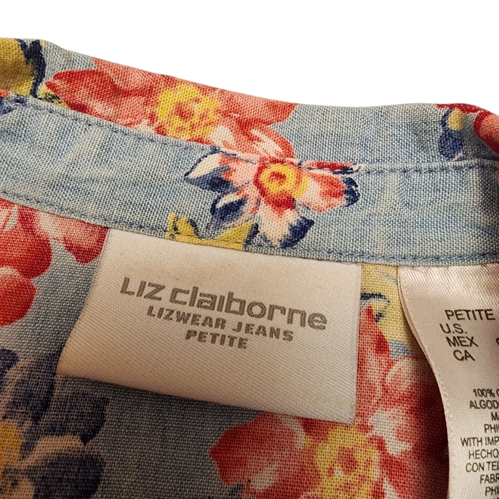 Liz Claiborne Floral Denim Snap Closure Short Sleeve Top Size Small Petite - Picture 12 of 13